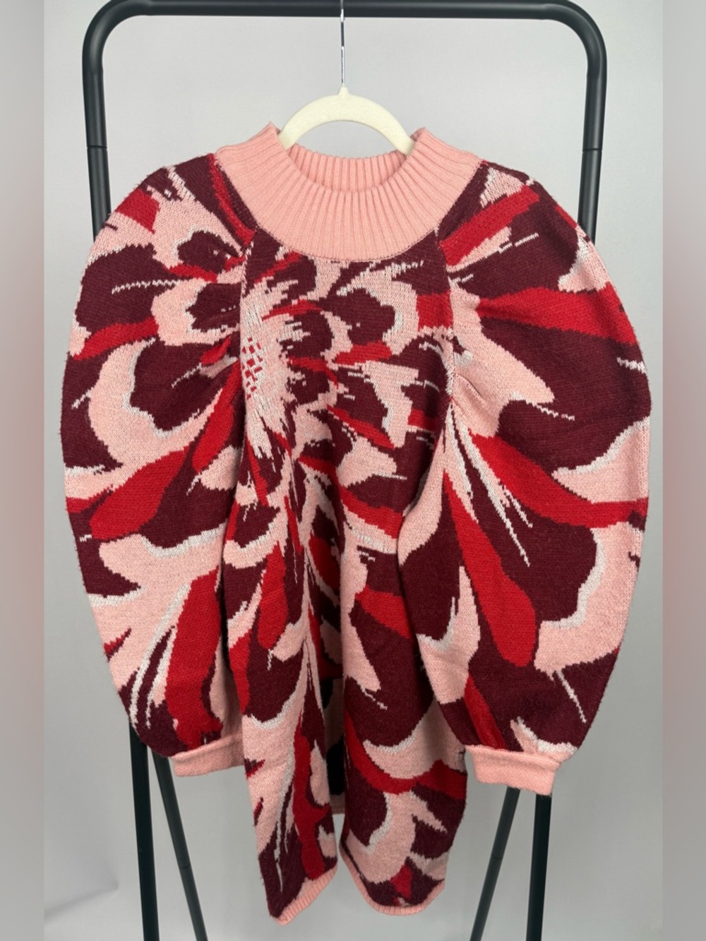 Farm Rio x Nuuly Flower Knit Mini Dress Red Pink Puff Sleeve L EUC $230 - Picture 5 of 8